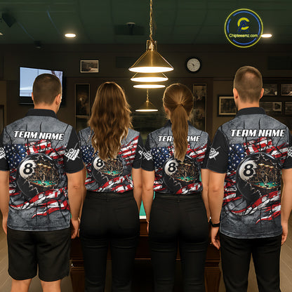 Custom 8 Ball Broken US Flag Billiard Shirt For Women Patriotic Skeleton Pooler Billiards Team Jersey NYN4731