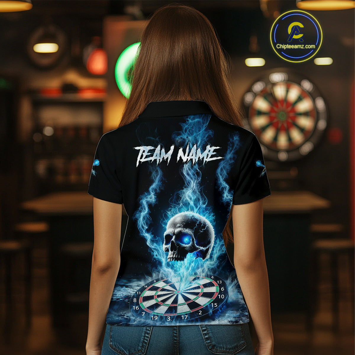 Custom Blue Ice Smoke Skull Dartboard Darts Polo Shirt For Women Dart League Jerseys NYN2122