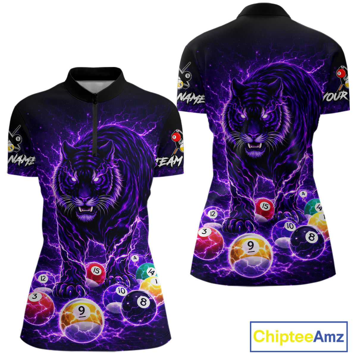 Thunder Purple Horror Tiger Pool Ball Billiard Shirt For Women Custom 8 Ball Billiard Team Attire NYN2629