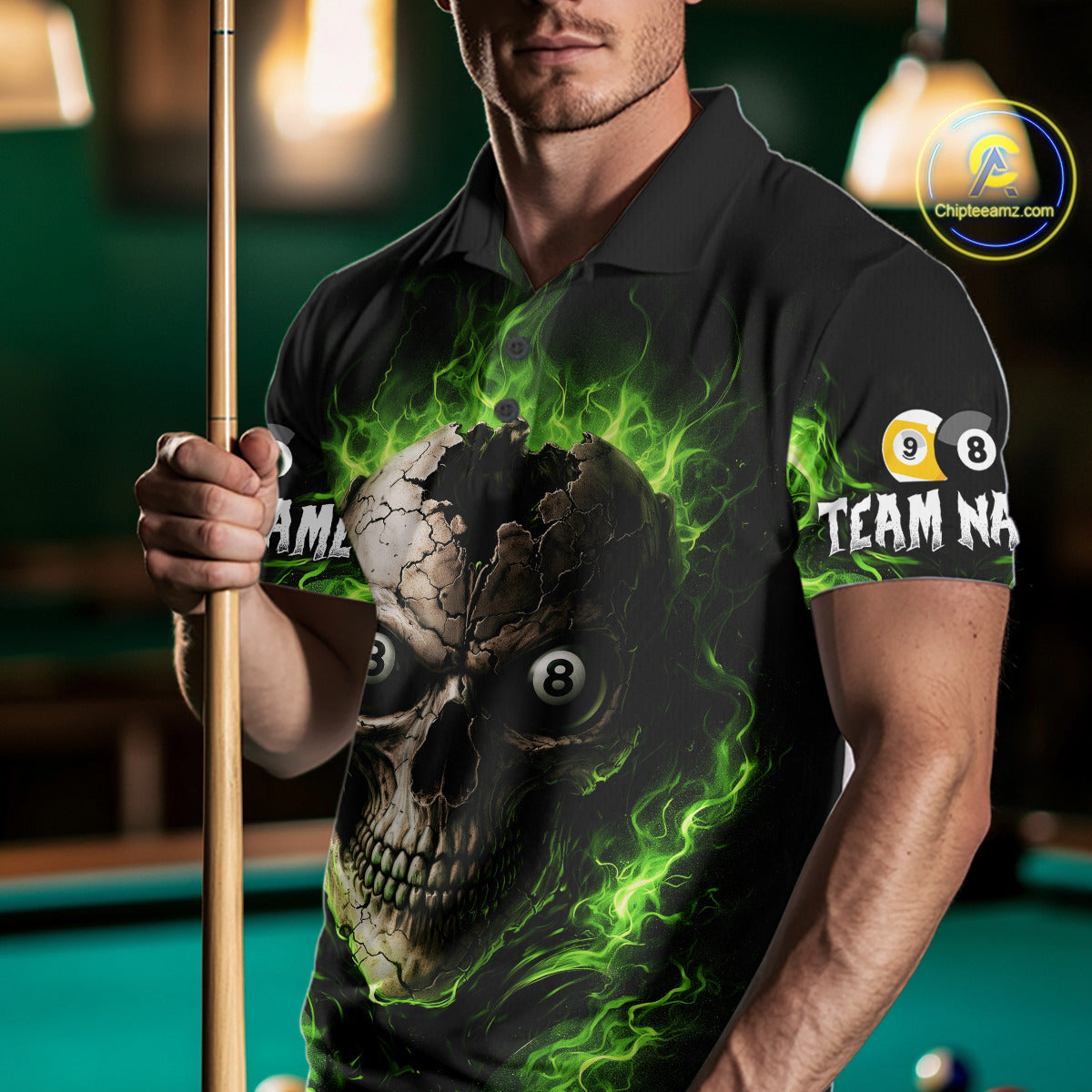 Green Flaming Cracked Skull 8 Ball & 9 Ball Pool Billiard Shirt For Men Custom Billiard Apparel NYN2635
