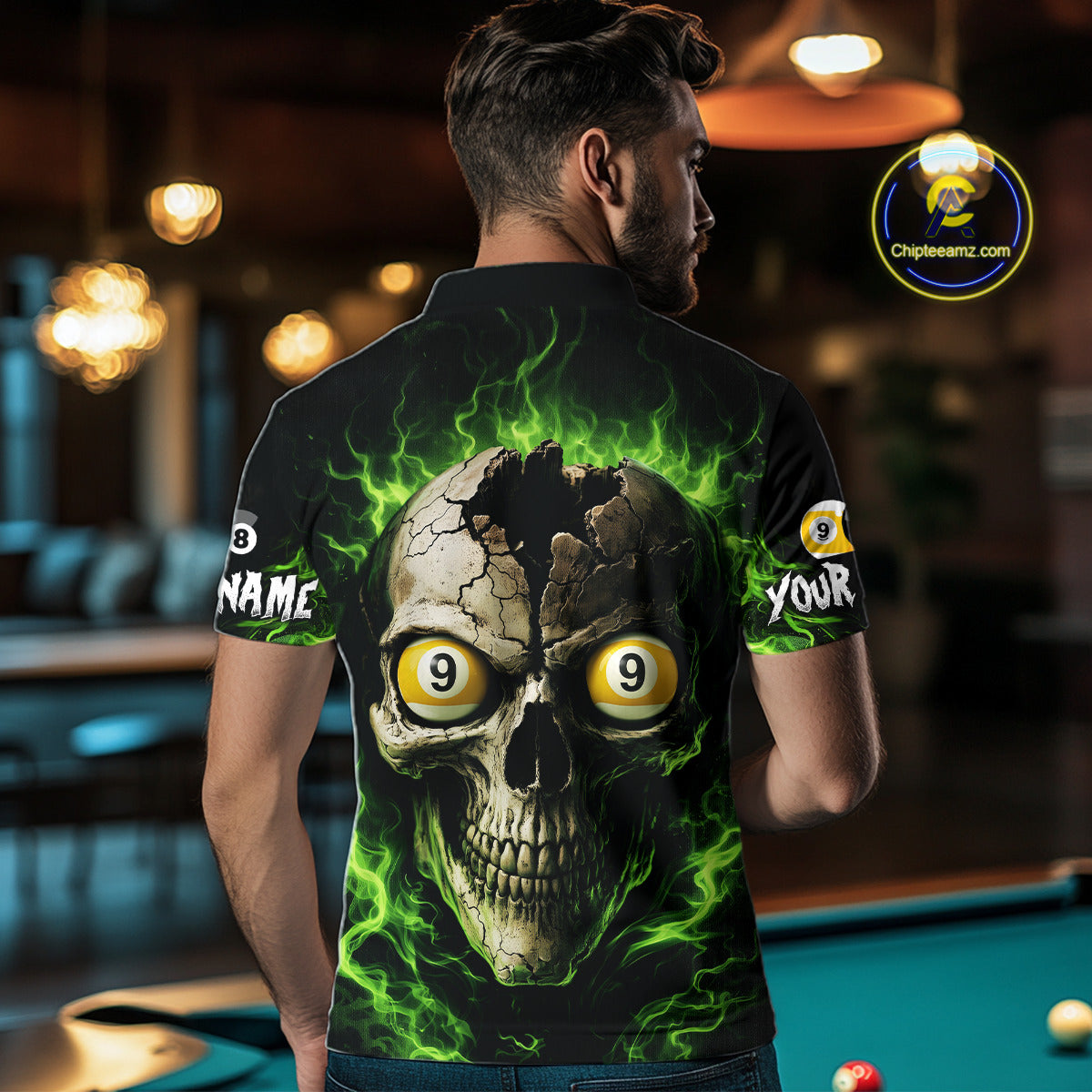 Green Flaming Cracked Skull 8 Ball & 9 Ball Pool Billiard Shirt For Men Custom Billiard Apparel NYN2635