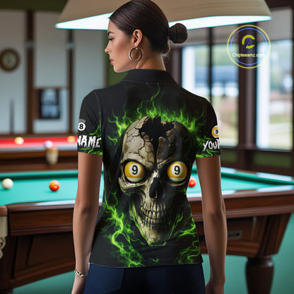 Green Flaming Cracked Skull 8 Ball & 9 Ball Pool Billiard Shirt For Women Custom Billiard Apparel NYN2635