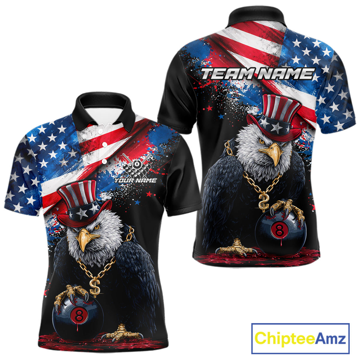 Custom American Flag Splatter Eagle 8 Ball Pool Billiard Shirts For Men Patriotic Billiard Team Jersey NYN2778