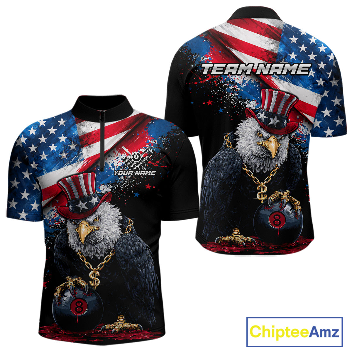 Custom American Flag Splatter Eagle 8 Ball Pool Billiard Shirts For Men Patriotic Billiard Team Jersey NYN2778