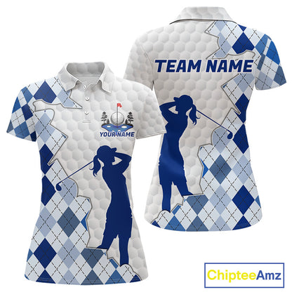 Custom Argyle Pattern Golf Polo Shirts For Women, Blue Argyle Golf Ball White Golf Clothing Shirts NYN2990