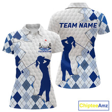 Load image into Gallery viewer, Custom Argyle Pattern Golf Polo Shirts For Women, Blue Argyle Golf Ball White Golf Clothing Shirts NYN2990