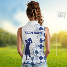 Load image into Gallery viewer, Custom Argyle Pattern Golf Sleeveless Polo Shirts For Women, Blue Argyle Golf Ball White Golf Clothing Shirts NYN2990