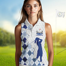 Load image into Gallery viewer, Custom Argyle Pattern Golf Sleeveless Polo Shirts For Women, Blue Argyle Golf Ball White Golf Clothing Shirts NYN2990