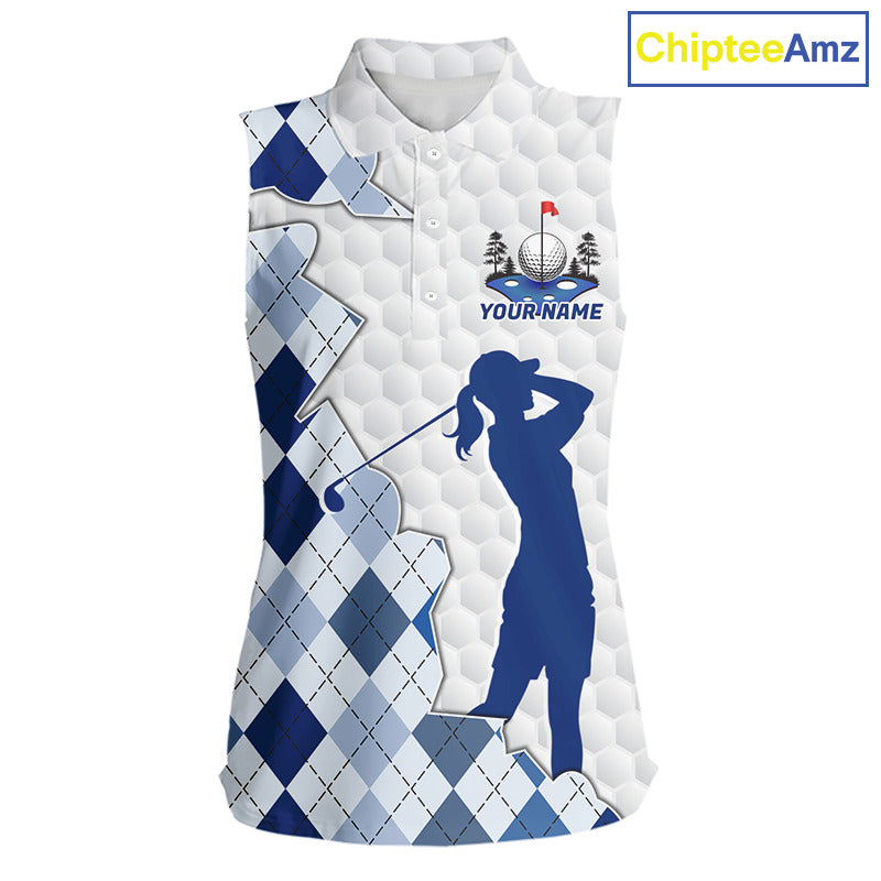 Custom Argyle Pattern Golf Sleeveless Polo Shirts For Women, Blue Argyle Golf Ball White Golf Clothing Shirts NYN2990