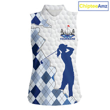 Load image into Gallery viewer, Custom Argyle Pattern Golf Sleeveless Polo Shirts For Women, Blue Argyle Golf Ball White Golf Clothing Shirts NYN2990