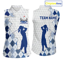 Load image into Gallery viewer, Custom Argyle Pattern Golf Sleeveless Polo Shirts For Women, Blue Argyle Golf Ball White Golf Clothing Shirts NYN2990