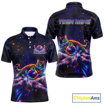 Funny Cat Bowling Polo Quarter Zip Shirt For Men Custom Colorful Galaxy Team Jersey
