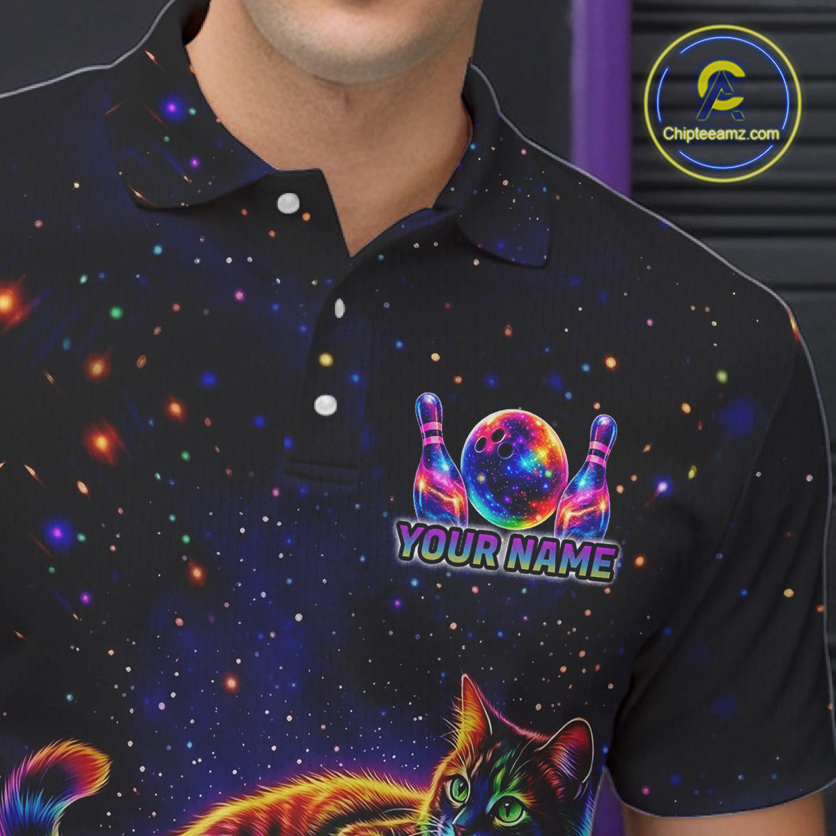 Funny Cat Bowling Polo Quarter-Zip Shirts For Men Custom Colorful Bowling Galaxy Team Jerseys NYN3417