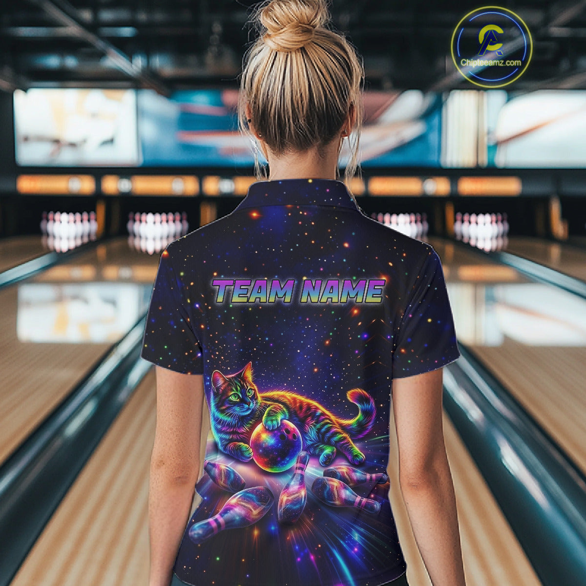Funny Cat Bowling Polo Quarter-Zip Shirts For Women Custom Colorful Bowling Galaxy Team Jerseys NYN3417