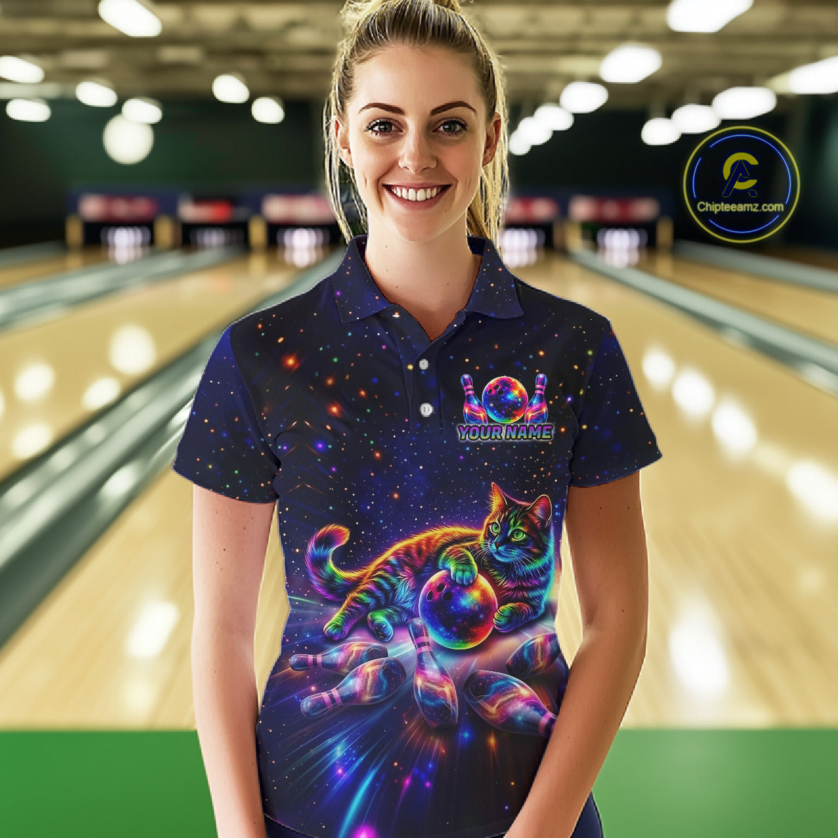 Funny Cat Bowling Polo Quarter-Zip Shirts For Women Custom Colorful Bowling Galaxy Team Jerseys NYN3417
