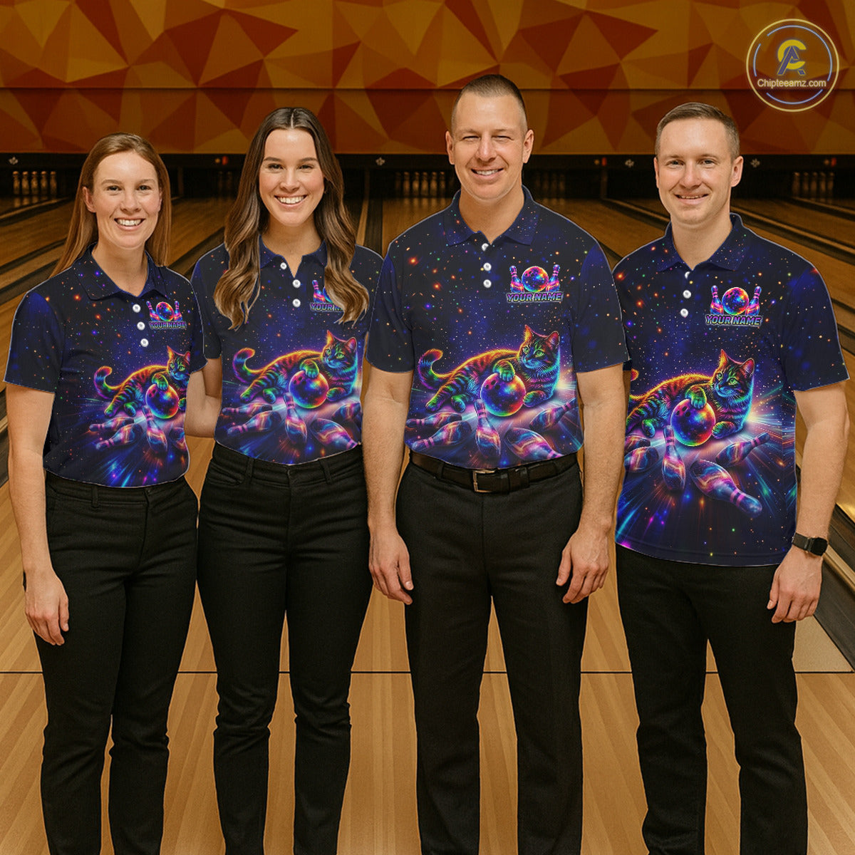 Funny Cat Bowling Polo Quarter-Zip Shirts For Women Custom Colorful Bowling Galaxy Team Jerseys NYN3417