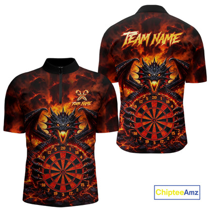 Fire Flame Dragon Black & Red Dartboard Dart 1/4-Zip Shirts For Men Custom Dart Team Shirts NYN2673