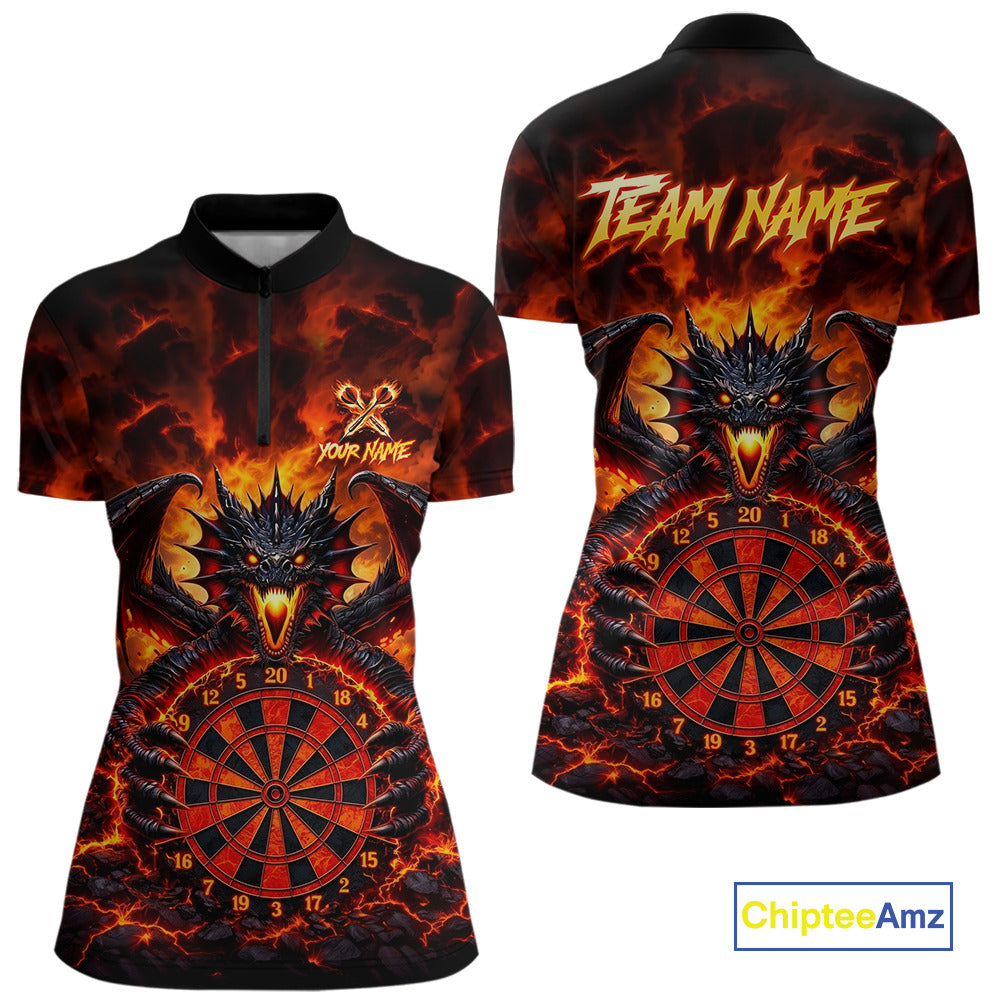 Fire Flame Dragon Black & Red Dartboard Dart 1/4-Zip Shirts For Women Custom Dart Team Shirts NYN2673