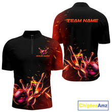 Load image into Gallery viewer, Men's quarter-zip bowling jersey featuring fire flame bowling artwork, moisture-wicking bowling apparel symbolizing strength, determination and victory.