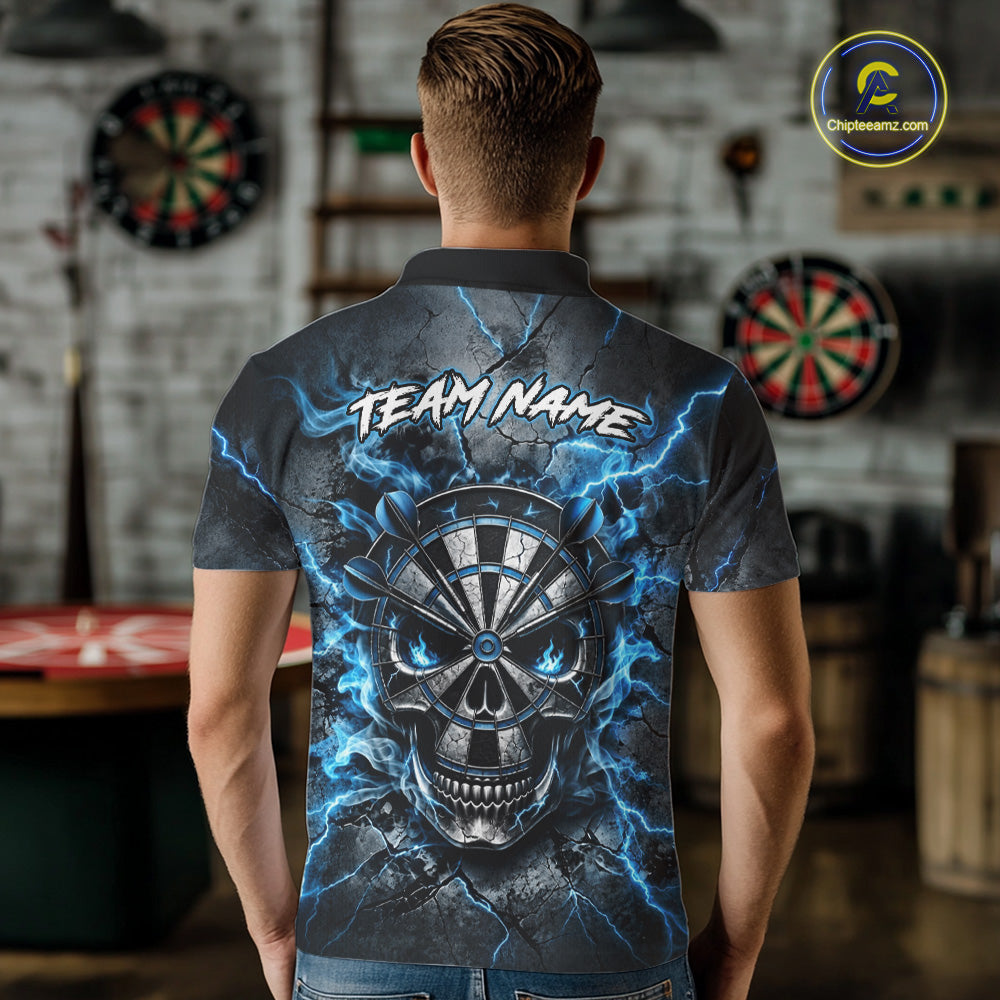 Custom Broken Grunge Skull Darts Polo 1/4-Zip Shirt For Men Blue Smokes Darts Team Jersey NYN4750