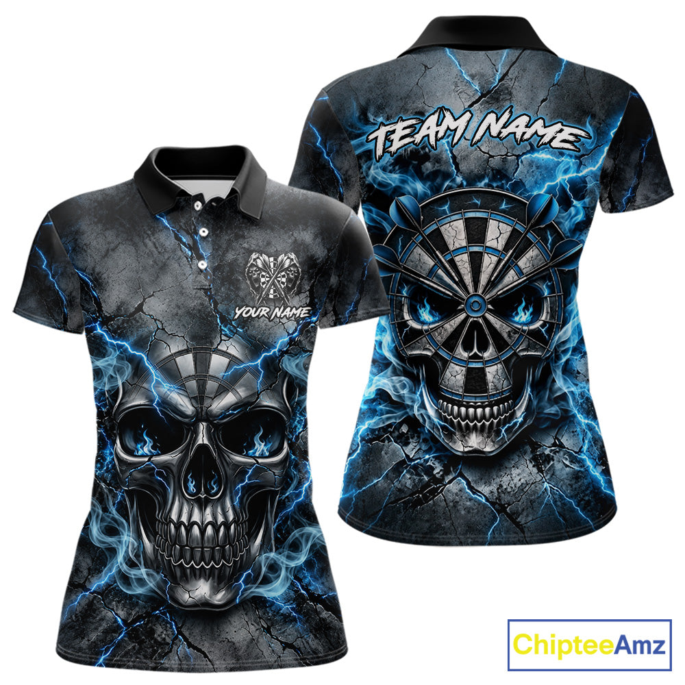 Custom Broken Grunge Skull Darts Polo 1/4-Zip Shirt For Women Blue Smokes Darts Team Jersey NYN4750