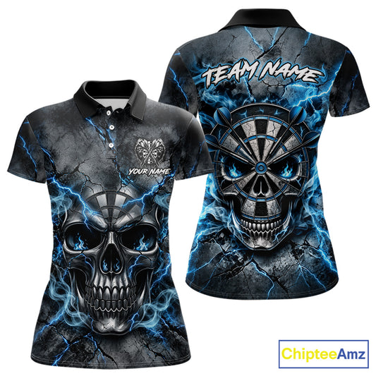 Custom Broken Grunge Skull Darts Polo 1/4-Zip Shirt For Women Blue Smokes Darts Team Jersey NYN4750