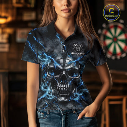 Custom Broken Grunge Skull Darts Polo 1/4-Zip Shirt For Women Blue Smokes Darts Team Jersey NYN4750