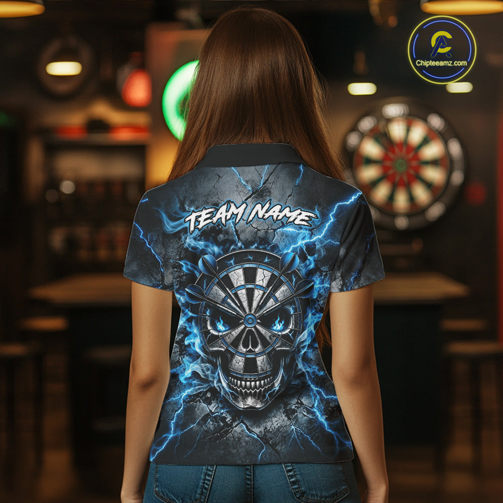 Custom Broken Grunge Skull Darts Polo 1/4-Zip Shirt For Women Blue Smokes Darts Team Jersey NYN4750