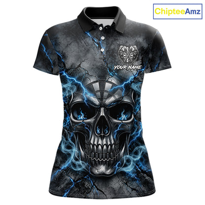 Custom Broken Grunge Skull Darts Polo 1/4-Zip Shirt For Women Blue Smokes Darts Team Jersey NYN4750