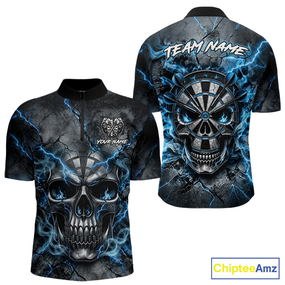 Custom Broken Grunge Skull Darts Polo 1/4-Zip Shirt For Men Blue Smokes Darts Team Jersey NYN4750