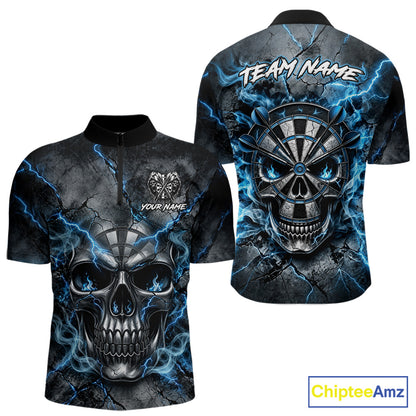 Custom Broken Grunge Skull Darts Polo 1/4-Zip Shirt For Men Blue Smokes Darts Team Jersey NYN4750