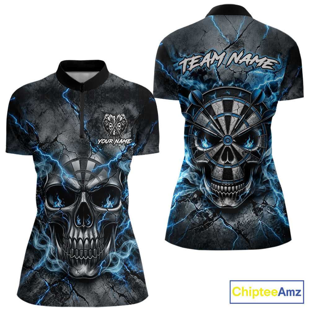 Custom Broken Grunge Skull Darts Polo 1/4-Zip Shirt For Women Blue Smokes Darts Team Jersey NYN4750