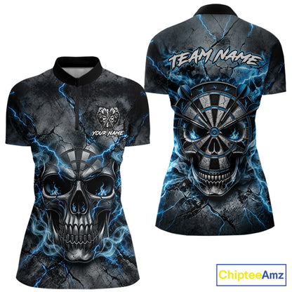 Custom Broken Grunge Skull Darts Polo 1/4-Zip Shirt For Women Blue Smokes Darts Team Jersey NYN4750