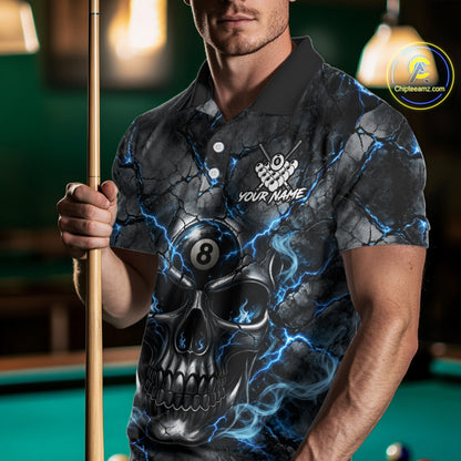 Broken Grunge Skull 8 Ball Pool Billiard Shirt For Men Blue Smokes Billiards 1/4-Zip Polo Jersey NYN4751