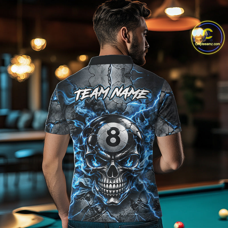 Broken Grunge Skull 8 Ball Pool Billiard Shirt For Men Blue Smokes Billiards 1/4-Zip Polo Jersey NYN4751