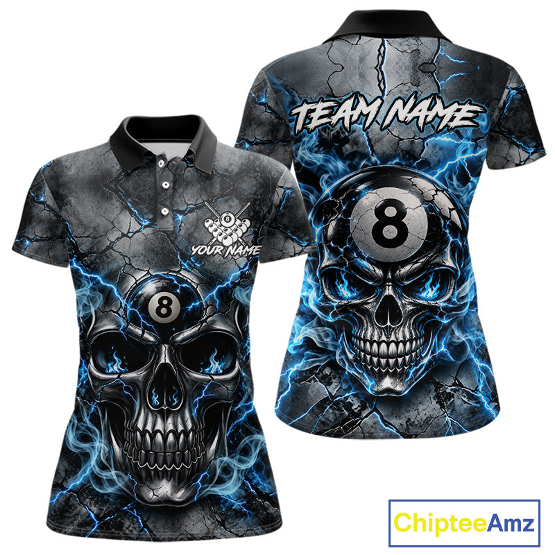 Broken Grunge Skull 8 Ball Pool Billiard Shirt For Women Blue Smokes Billiards 1/4-Zip Polo Jersey NYN4751