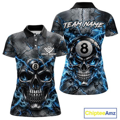Broken Grunge Skull 8 Ball Pool Billiard Shirt For Women Blue Smokes Billiards 1/4-Zip Polo Jersey NYN4751