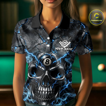 Broken Grunge Skull 8 Ball Pool Billiard Shirt For Women Blue Smokes Billiards 1/4-Zip Polo Jersey NYN4751