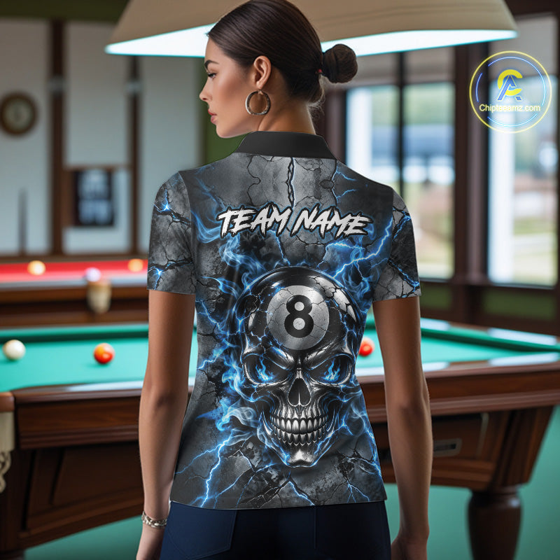 Broken Grunge Skull 8 Ball Pool Billiard Shirt For Women Blue Smokes Billiards 1/4-Zip Polo Jersey NYN4751