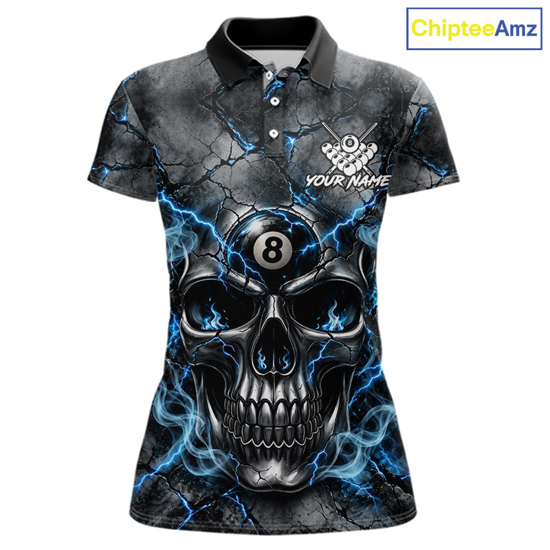Broken Grunge Skull 8 Ball Pool Billiard Shirt For Women Blue Smokes Billiards 1/4-Zip Polo Jersey NYN4751