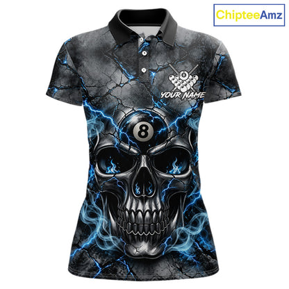 Broken Grunge Skull 8 Ball Pool Billiard Shirt For Women Blue Smokes Billiards 1/4-Zip Polo Jersey NYN4751