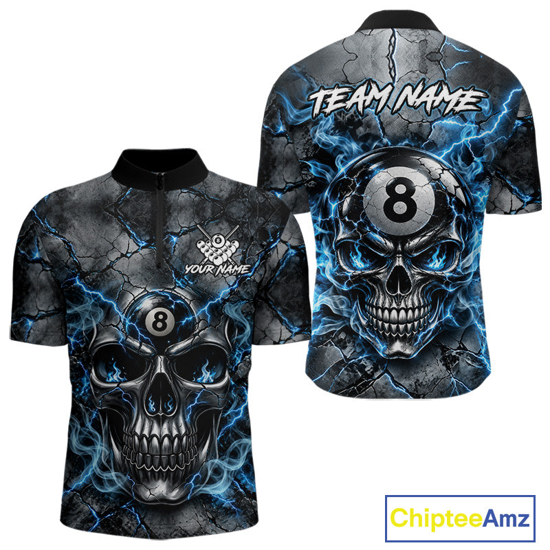 Broken Grunge Skull 8 Ball Pool Billiard Shirt For Men Blue Smokes Billiards 1/4-Zip Polo Jersey NYN4751