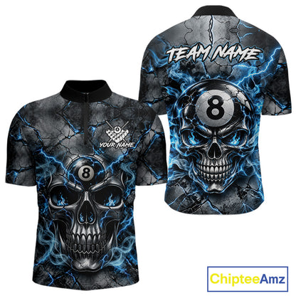 Broken Grunge Skull 8 Ball Pool Billiard Shirt For Men Blue Smokes Billiards 1/4-Zip Polo Jersey NYN4751