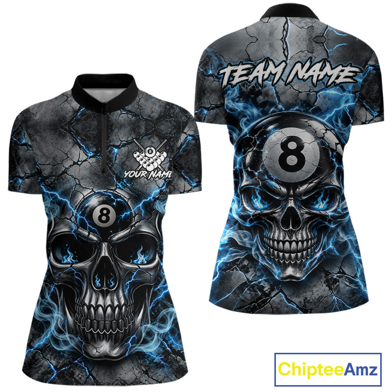 Broken Grunge Skull 8 Ball Pool Billiard Shirt For Women Blue Smokes Billiards 1/4-Zip Polo Jersey NYN4751