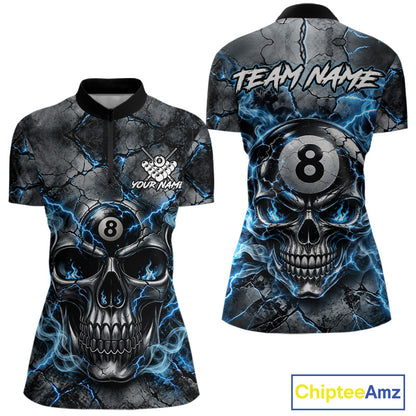 Broken Grunge Skull 8 Ball Pool Billiard Shirt For Women Blue Smokes Billiards 1/4-Zip Polo Jersey NYN4751