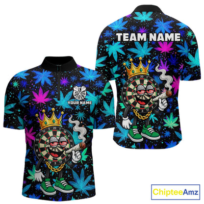 Custom Funny Crown Dartboard Darts Polo 1/4-Zip Shirt For Men Neon Leaf Billiard Team Jersey NYN4754