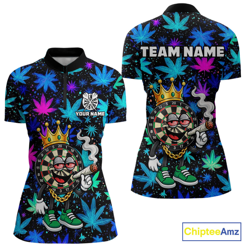 Custom Funny Crown Dartboard Darts Polo 1/4-Zip Shirt For Women Neon Leaf Billiard Team Jersey NYN4754