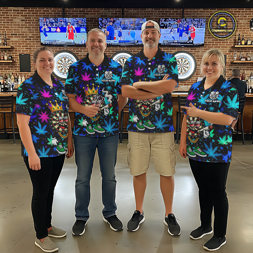 Custom Funny Crown Dartboard Darts Polo 1/4-Zip Shirt For Men Neon Leaf Billiard Team Jersey NYN4754