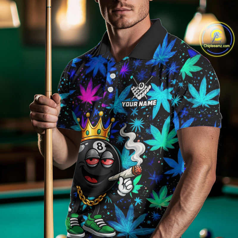 Custom Funny Crown 8 Ball Pool Polo 1/4-Zip Shirt For Men Neon Leaf Billiard Team Jersey NYN4755