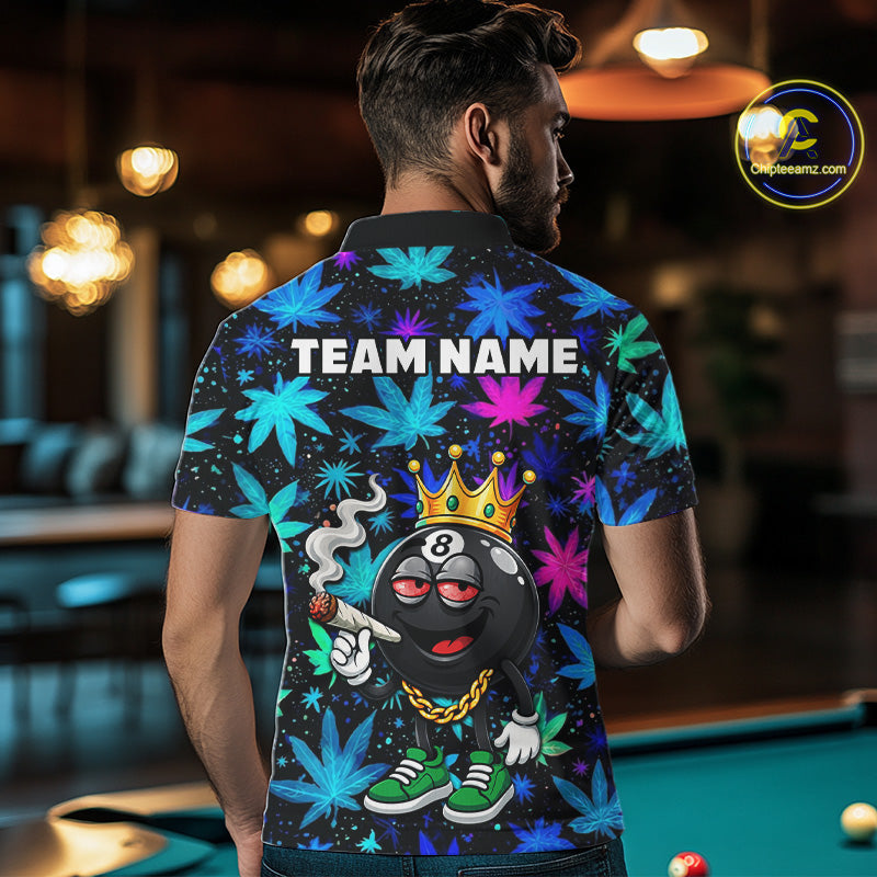 Custom Funny Crown 8 Ball Pool Polo 1/4-Zip Shirt For Men Neon Leaf Billiard Team Jersey NYN4755